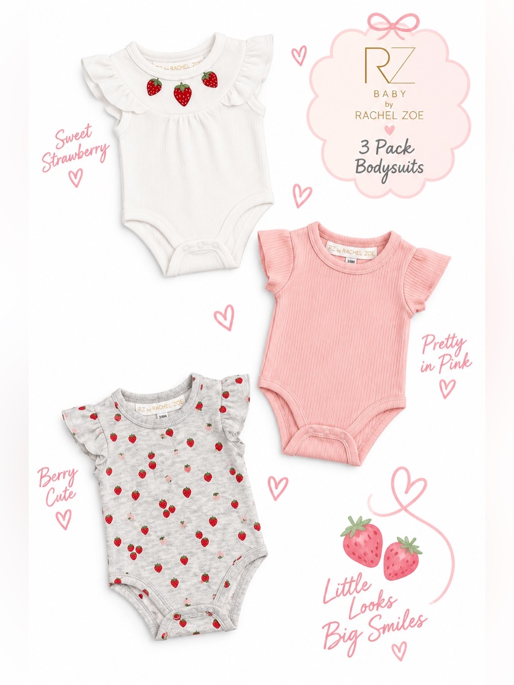 NEW - 3PC Rachel Zoe Baby 3-Pack Strawberry & Pink Ribbed One-Piece Bodysuits